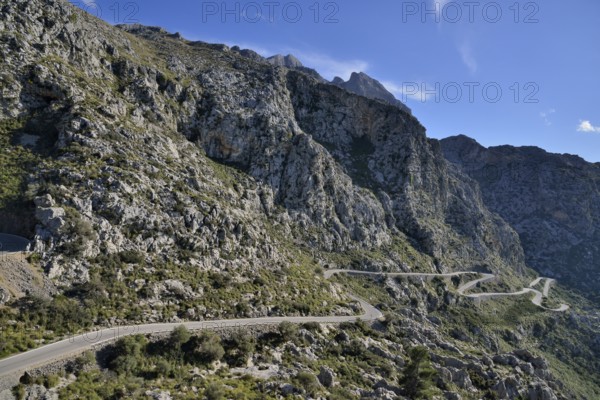 Serpentine road in the bay of Sa Calobra, Majorca, Balearic Islands, Spain, Europe