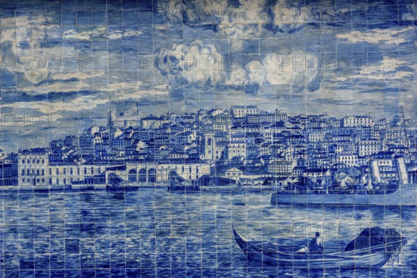 Azulejos or wall tiles with a city view, Lisbon, Portugal, Europe