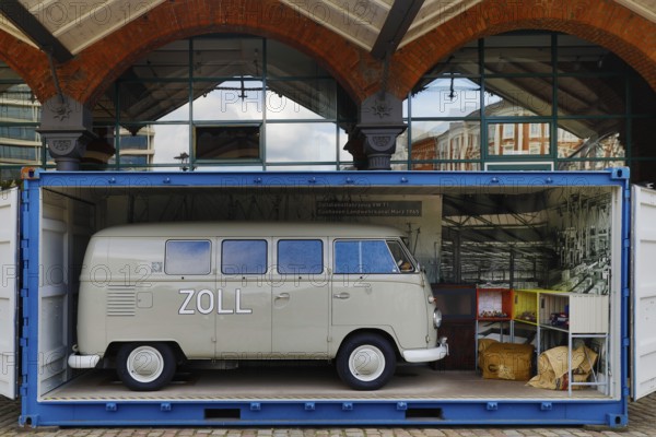 German Customs Museum with VW Bulli in a container in the historic Speicherstadt, Hamburg, Germany,