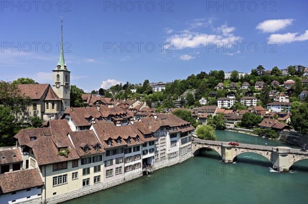 View of the old town of Bern, Nydegg church, Untertorbrücke bridge on the River Aare, Nydegg