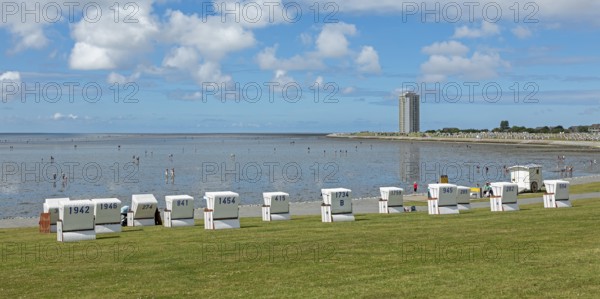 Beach chairs, green beach, high-rise building, Büsum, Schleswig-Holstein, Germany, Europe