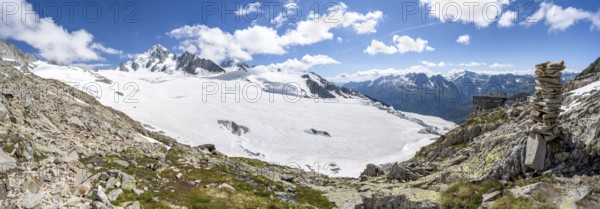 High alpine mountain landscape and mountain hut Refuge Albert 1er, Glacier du Tour, glacier and