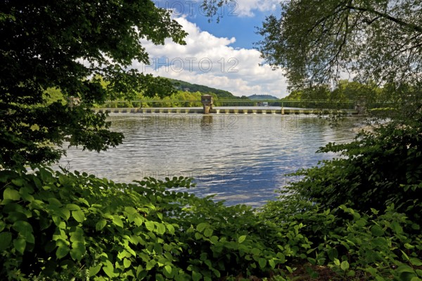 Barrage at the Stiftsmühle run-of-river power station, confluence of the Ruhr and Volme rivers,