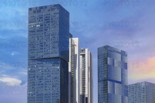 Israel, Tel Aviv financial business district skyline includes shopping malls and high tech offices,