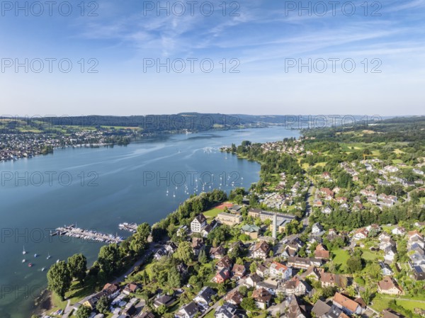 Aerial view of the municipality of Hemmenhofen on the Höri peninsula with the marina, jetty,