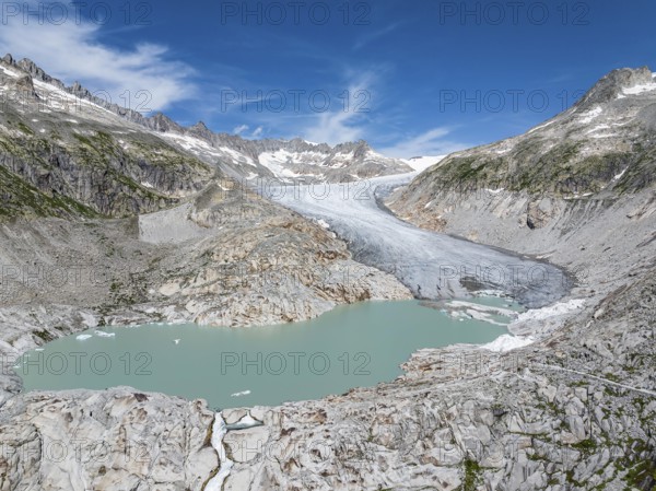 Rhone glacier, valley glacier in the headwaters of the Rhone in the Swiss Alps. Melting glacier,