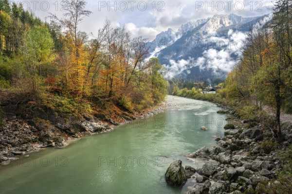 The River Lammer at the end of the Lammerklamm gorge. The Tennengebirge mountains in the background