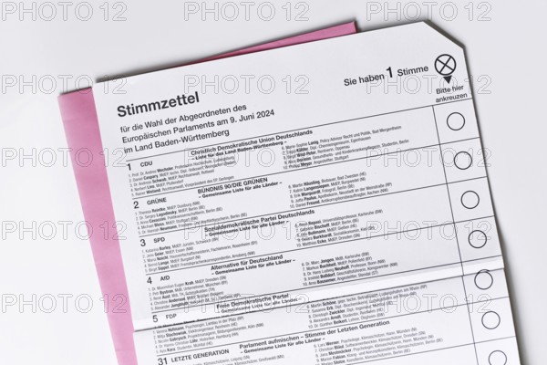 Germany, May 2024: German ballot paper for Elections to the European Parliament. 'Bundestagswahl'