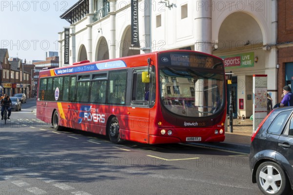 Ipswich Reds route 66 Volvo B7RLE Wright Eclipse Urban bus, Felixstowe Flyers, town centre of