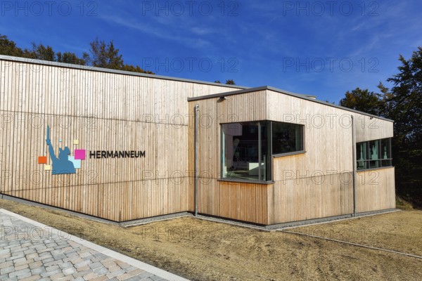 Visitor centre with inscription Hermanneum am Hermannsdenkmal, adventure world, tourist attraction,