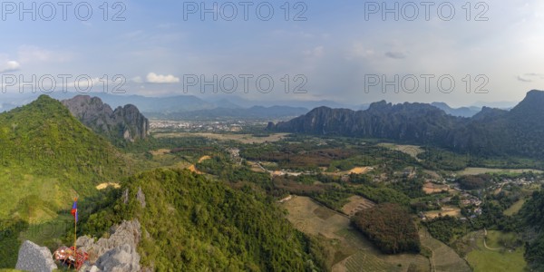 Panorama of Vang Vieng and the Kart landscape from Pha Ngern View Point, Vientiane Province, Laos,