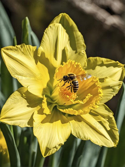Honeybee collecting nectar from a vibrant yellow daffodil, showing intricate details of the flower