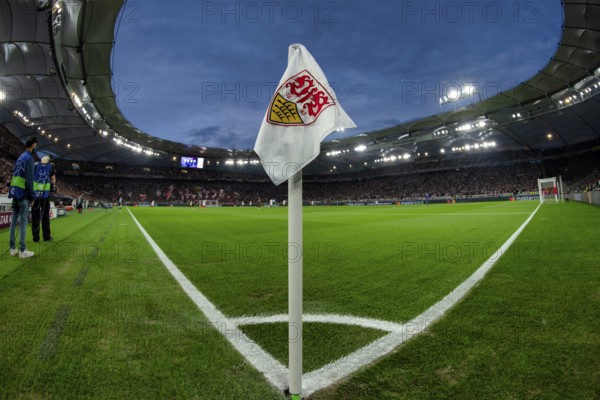 Corner flag, VfB Stuttgart, logo, blue hour, Champions League, MHPArena, MHP Arena Stuttgart,
