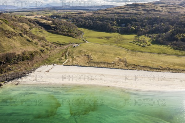 Aerial view of Calgary beach, a sandy beach on the west coast of Isle of Mull, camper vans,