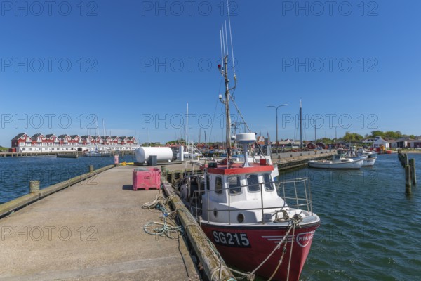 Bagenkop harbour, Langeland island, Funen, fishing boat, jetty, holiday homes, Danish South Sea,