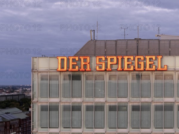 Aerial view of the lettering Der Spiegel on the Spiegel Haus at the Blue Hour, Hamburg, Germany,