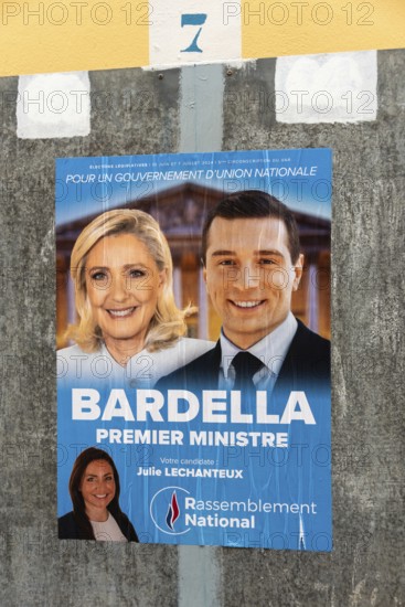 Election poster with the politicians Jordan Bardella and Marine Le Pen, Rassemblement Nationale,