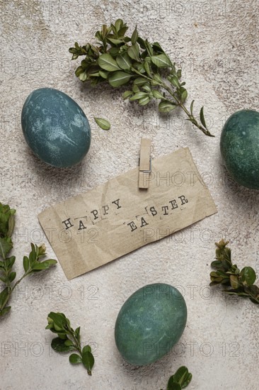 Easter eggs, green, staple text, boxwood, retro, top view