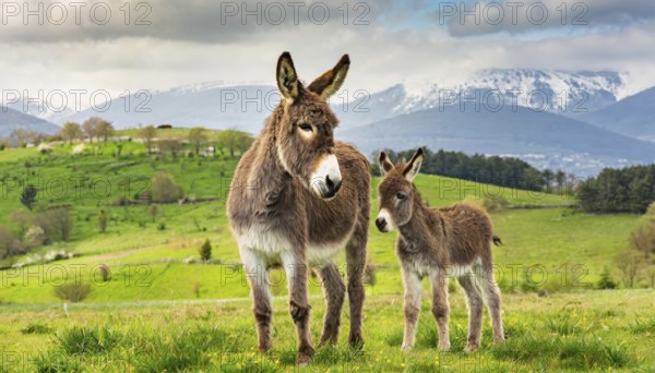 Young donkey, foal, 3 weeks old, with its mother in the pasture