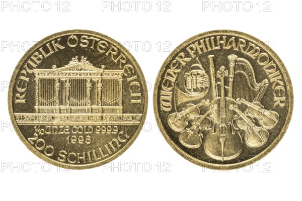 Austrian gold coin from 1998 worth 200 schillings, Vienna Philharmonic, obverse and reverse