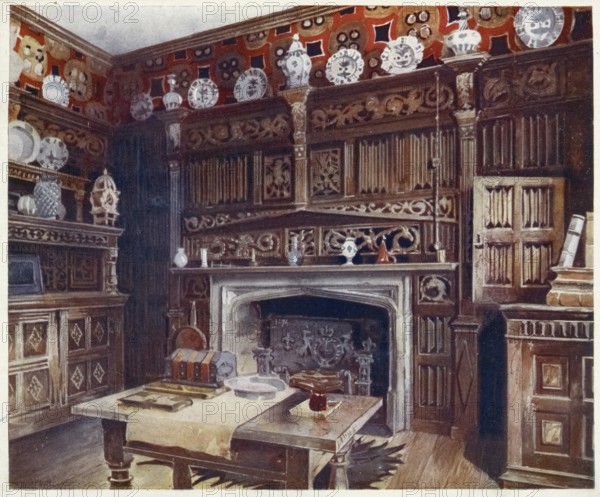 Furniture at the turn of the century 1900, The panelled study in Groombridge Place, Kent. With the