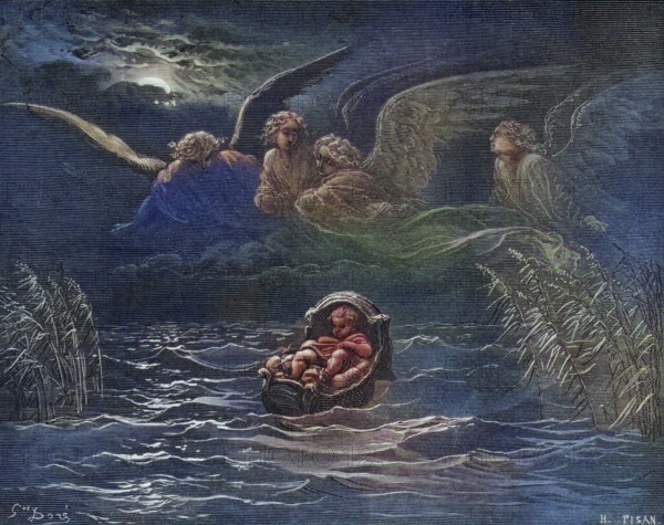 Copperplate engraving from the Dore Bible illustrating the Book of Exodus, The Child Moses on the