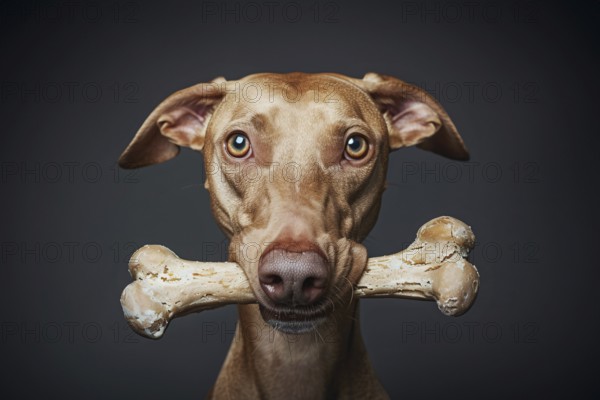Portrait of cute dog holding large bone in mouth in front of dark background. KI generiert,
