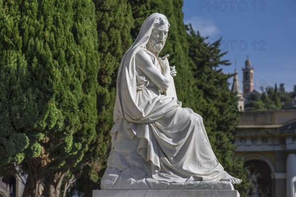 Sculpture with plaque in front of the Pantheon in the Staglieno Monumental Cemetery, Cimitero