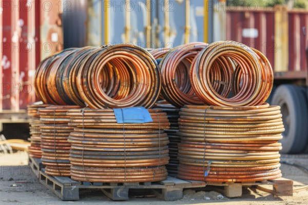 Copper strands, copper coils, copper, cable, wound for transport on pallets, at a scrap yard,