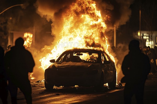 Burning car in street with rioting people at night. Generative Ai, AI generated