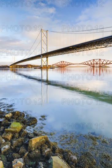 View of the Forth Road Bridge and the red railway bridge Forth Bridge at the Fírth of Forth estuary