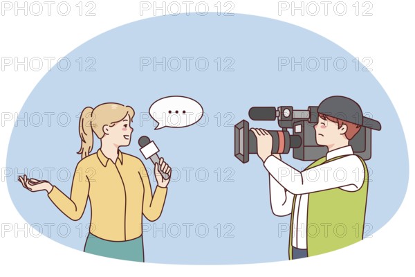 Cameraman shooting woman journalist doing reportage. Professional operator filming female reporter