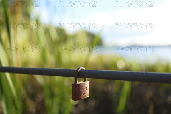 Love lock with heart at a lake, blurred background, Bad Saarow, Brandenburg, Germany, Europe