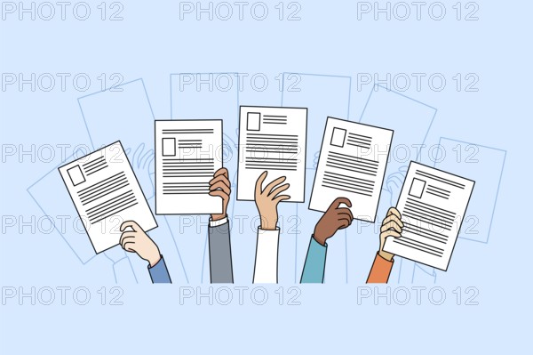 Diverse people hands raise up holding resume or CV offer candidacy at open position. Applicants or