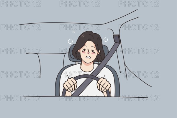 Tired young woman driving car feeling unwell suffer from health problems. Exhausted female driver