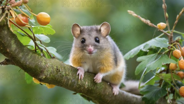 AI generated, A small dormouse is looking for food, (Glis glis)