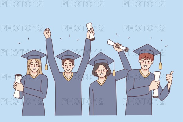 Excited people in mantles holding diplomas celebrate college graduation. Smiling students on