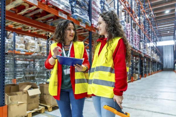 Female manager with female colleague taking inventory in company warehouse while walking along the
