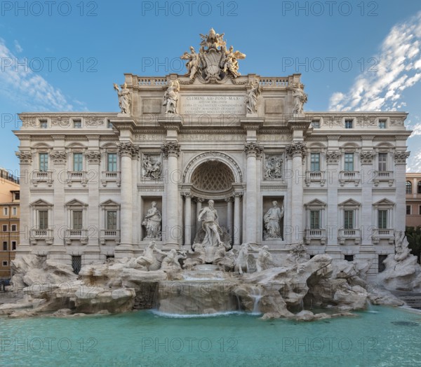 Trevi fountain at sunrise, Rome, Italy. Rome baroque architecture and landmark. Rome Trevi fountain