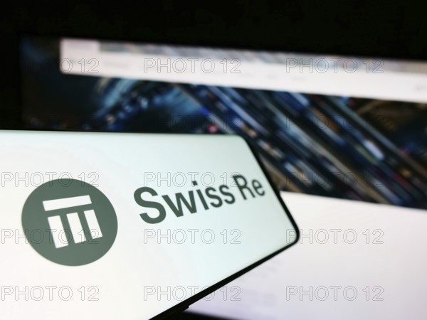 Stuttgart, Germany, 10-24-2022: Mobile phone with logo of reinsurance company Swiss Re on screen in