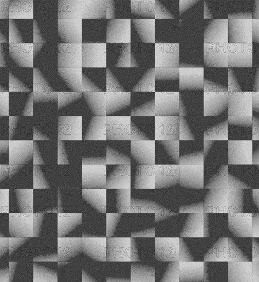 Abstract geometric pattern of black and white squares with gradient shading creating an optical