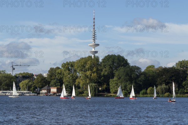 Leisure activities in summer, sailing boats against a blue sky on the Alster, TV tower Telemichel