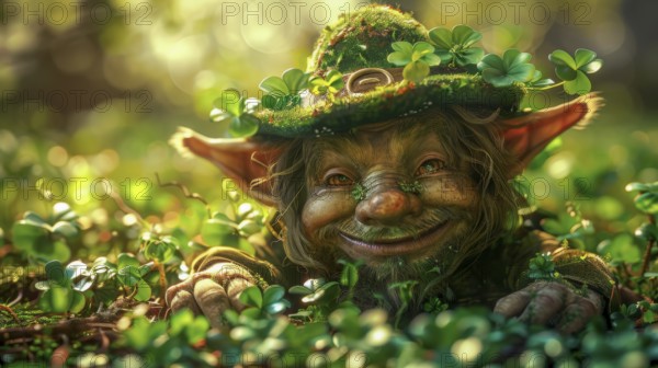 A mischievous-looking leprechaun peeks through clovers with sunlight filtering through the forest,
