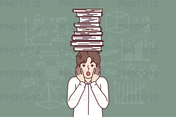 Frightened schoolboy with books on head feels fear of exam, stands near blackboard with formulas.