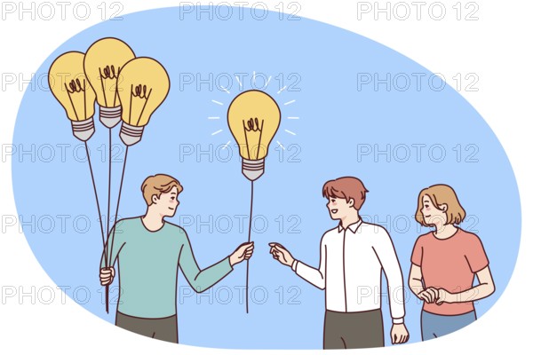 Man with lightbulbs in hands giving bulbs to people. Businessman offer creative business ideas to