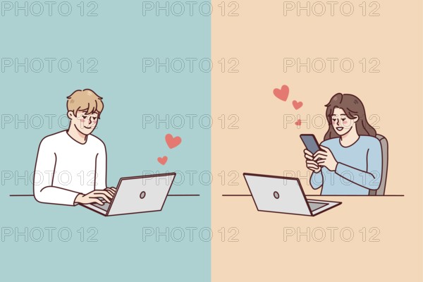 Couple texting online on gadget having relationship on distance. Man and woman message communicate
