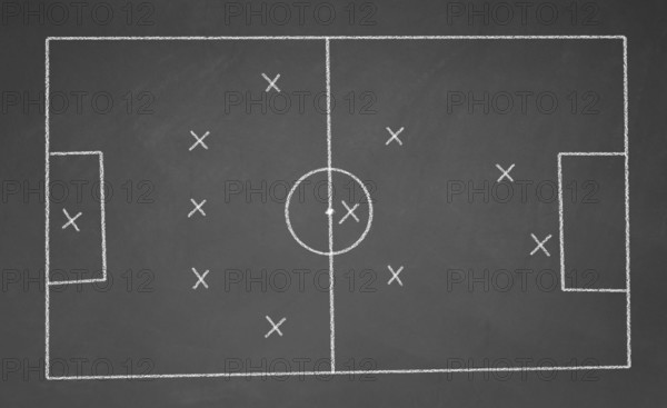 Abstract football field drawn with chalk on blackboard. 5-3-2 scheme