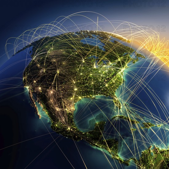 Highly detailed planet Earth at night with embossed continents, illuminated by light of cities,