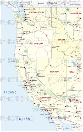 Roads, political and administrative map of the Western United States of America with National Parks