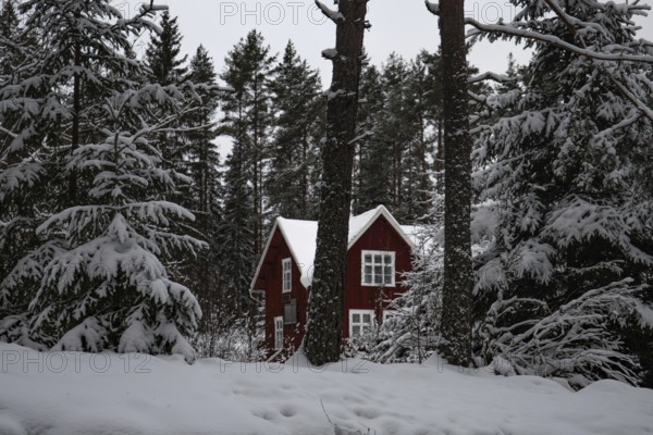 Typical red Swedish house. Wooden house in a winter landscape with ice and snow. Small settlement